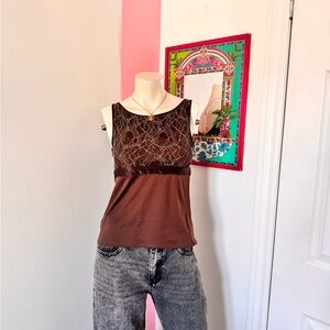 Merona Brown Lace-Trim Floral Detail Sleeveless Top